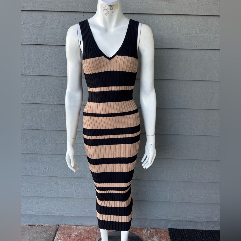 AKIRA Black and Tan Striped Midi Dress